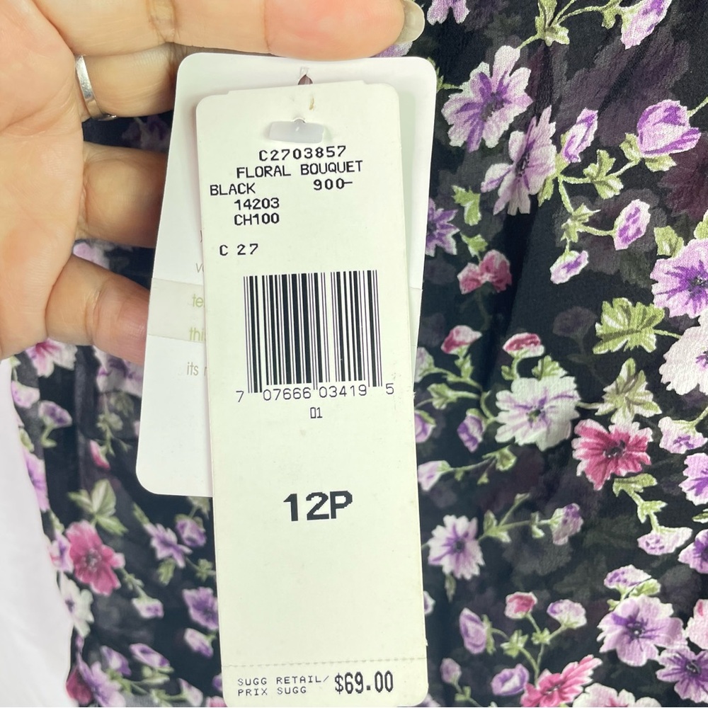NWT JONES NY Sport Womens Sheer Floral Blouse Top Sz 12P Black Career 100% SILK - Picture 4 of 9